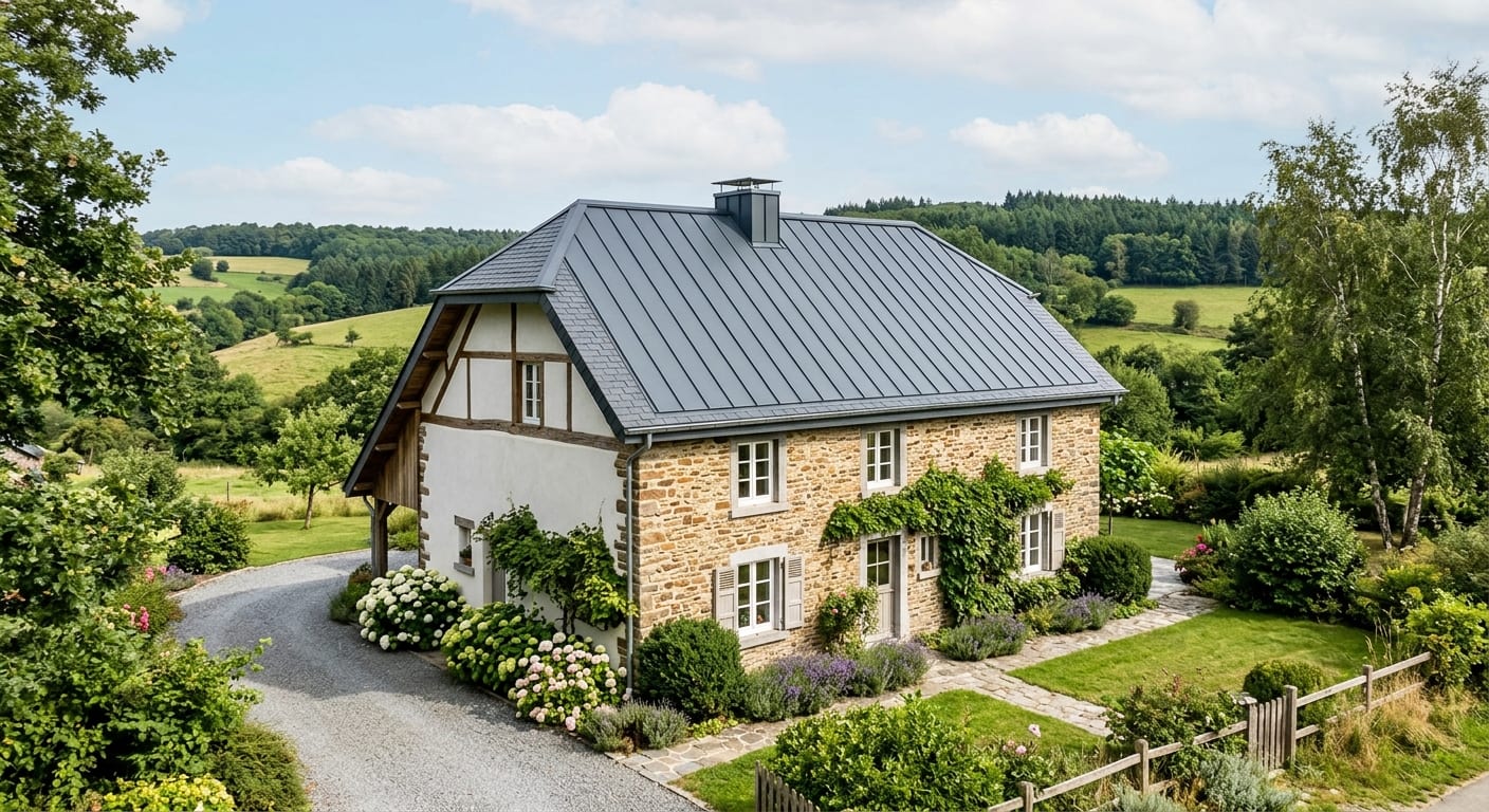 Vue extérieure d'une belle maison wallonne dont le toit est rénové avec une surtoiture métallique élégante aux finitions impeccables